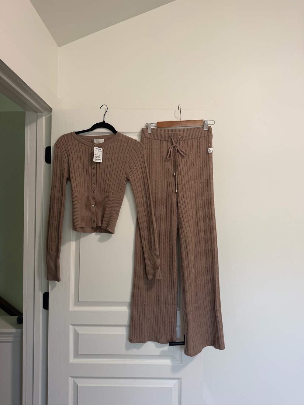 Ribbed Knit Crop Cardigan & Wide-Leg Pants Set - Taupe, size medium
